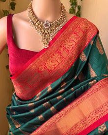 BOTTLE GREEN ART SILK SAREE WITH RED BORDER
