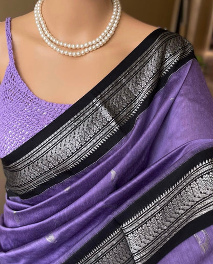PURPLE COTTON SILK SAREE WITH SILVER BORDER