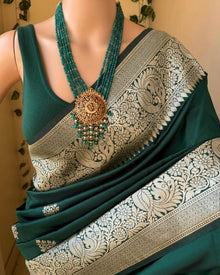 BOTTLE GREEN ART SILK SAREE WITH SILVER GOLD ZARI BORDER