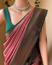 PEACH ART SILK SAREE WITH GREEN BORDER