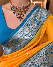 YELLOW ART SILK SAREE WITH SKY BLUE BORDER