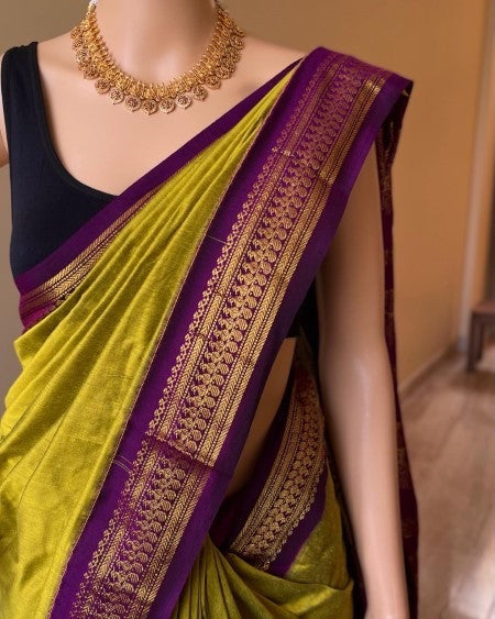 PEAR GREEN COTTON SILK SAREE WITH MAGENTA BORDER