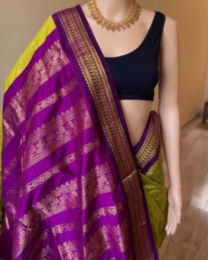 PEAR GREEN COTTON SILK SAREE WITH MAGENTA BORDER