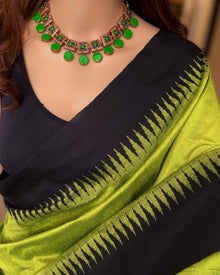 PARROT GREEN COTTON SILK SAREE WITH BLACK TEMPLE BORDER