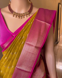 GOLDEN YELLOW KORA COTTON WITH PINK BORDER