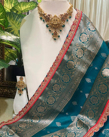 TEAL BLUE SATIN SILK SAREE WITH RED LACE