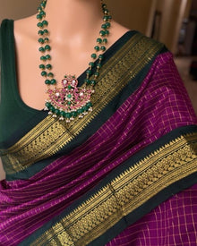 MAGENTA CHECKS COTTON SILK SAREE WITH GREEN BORDER