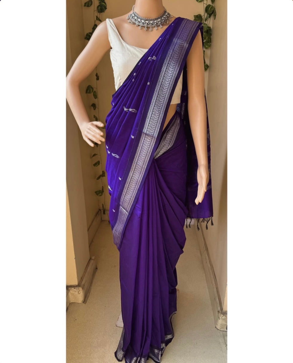 VIOLET COTTON SILK SAREE WITH SILVER BORDER