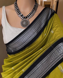 PEAR GREEN COTTON SILK SAREE BLACK SILVER BORDER