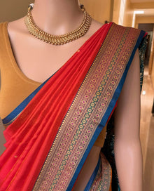 RED ORANGE SATIN SILK SAREE WITH BLUE BORDER