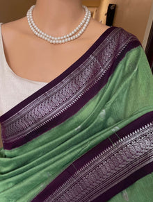 PISTA GREEN COTTON SILK SAREE WITH SILVER BORDER
