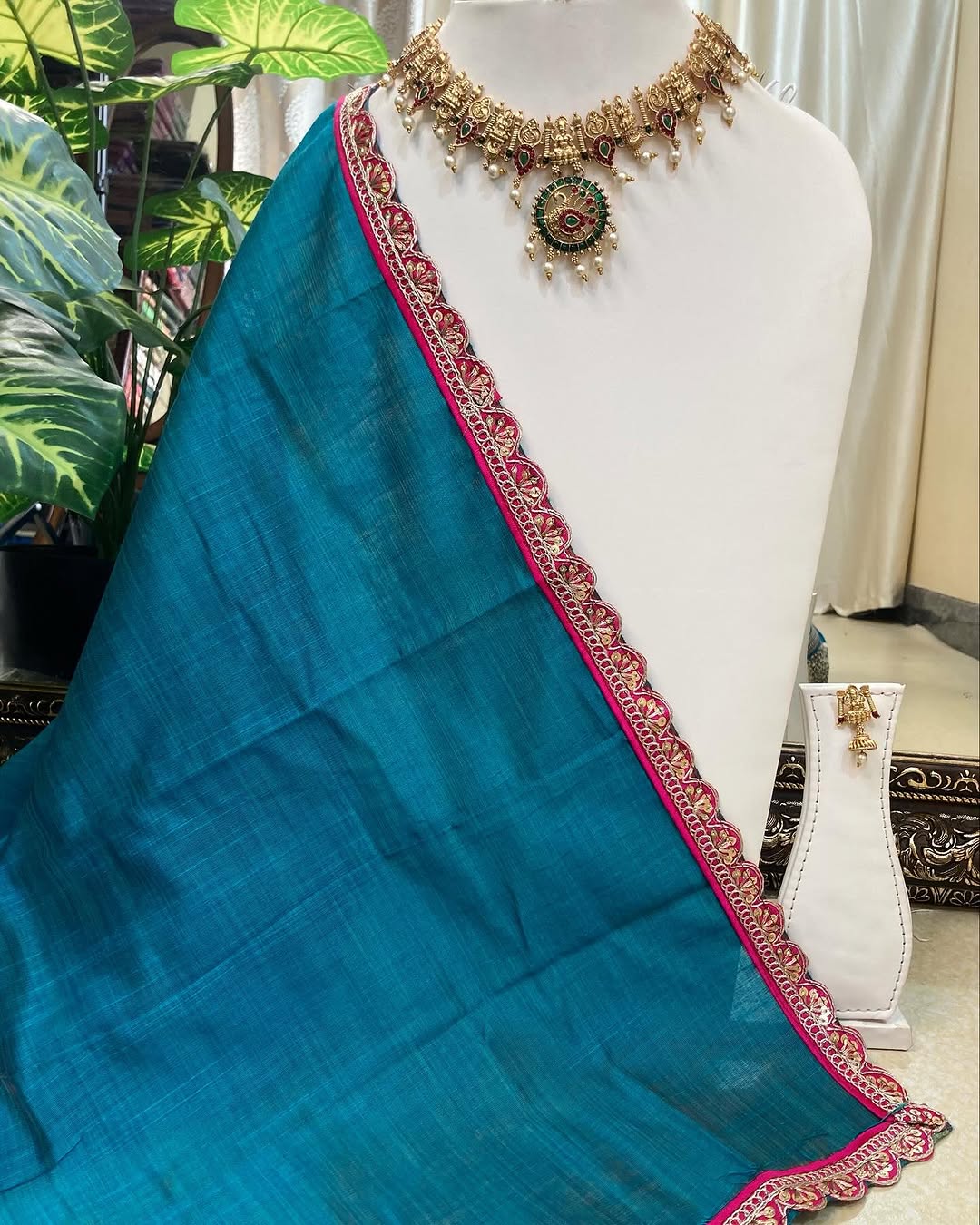 SKY BLUE DUPION COTTON SAREE WITH PINK LACE