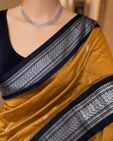 GOLDEN YELLOW SILK COTTON SAREE WITH SILVER BORDER
