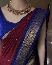 REDDISH MAROON COTTON SILK SAREE WITH BLUE BORDER