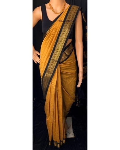 GOLDEN YELLOW  COTON SILK SAREE WITH BLACK BORDER