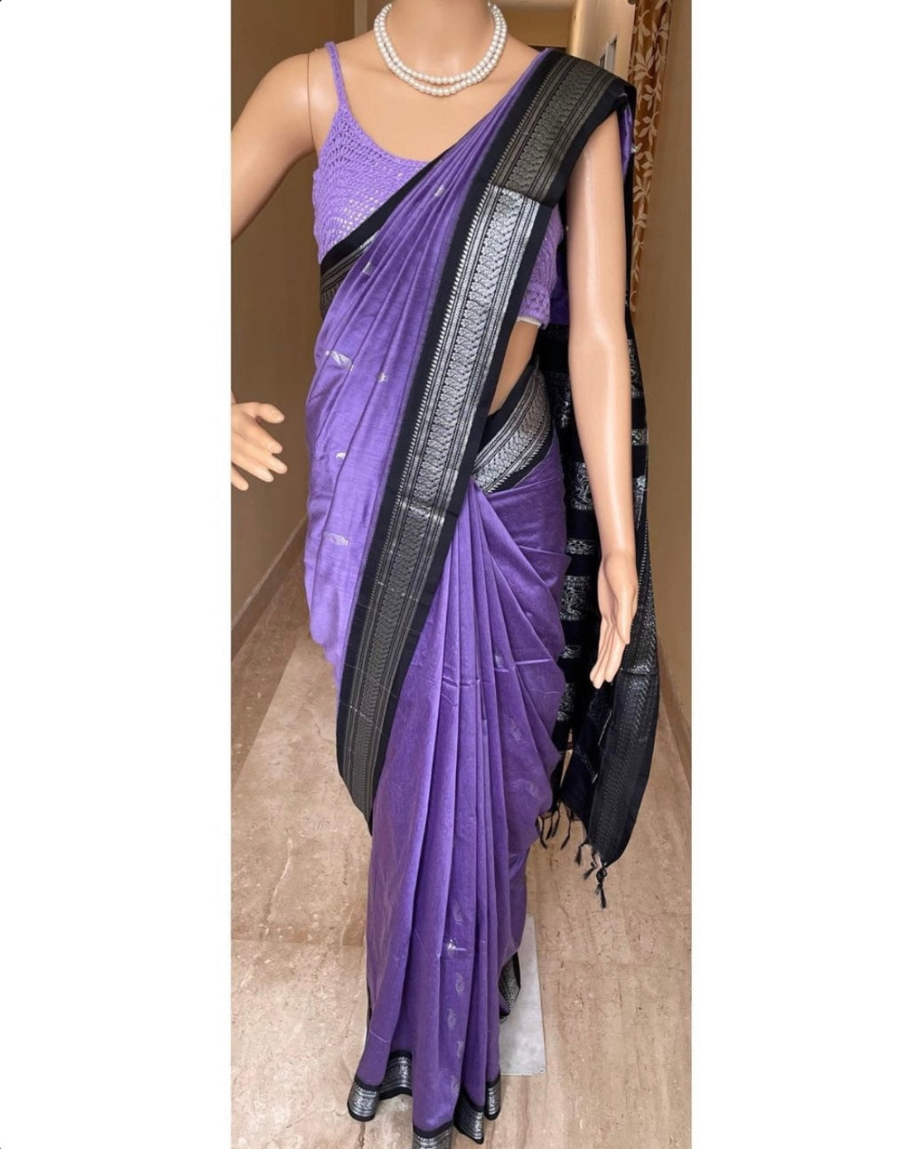 PURPLE COTTON SILK SAREE WITH SILVER BORDER