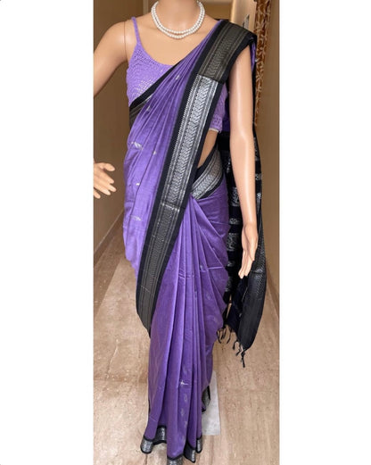 PURPLE COTTON SILK SAREE WITH SILVER BORDER