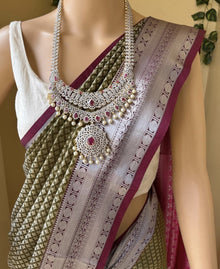 OLIVE GREEN ART SILK SAREE WITH PINK BORDER