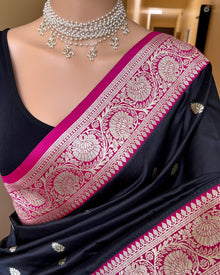 BLACK ART SILK SAREE WITH PINK BORDER