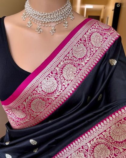 BLACK ART SILK SAREE WITH PINK BORDER