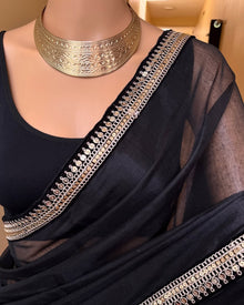 BLACK METALLIC TISSUE SAREES WITH BLACK VELVET LACE