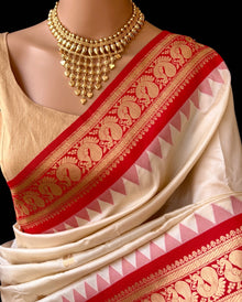 OFF WHITE ART SILK SAREE WITH RED BORDER