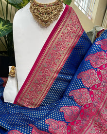 PEPSI BLUE ART SILK SAREE WITH PINK BORDER