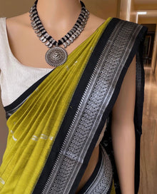 PEAR GREEN COTTON SILK SAREE BLACK SILVER BORDER