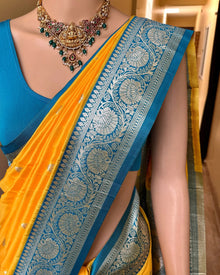 YELLOW ART SILK SAREE WITH SKY BLUE BORDER