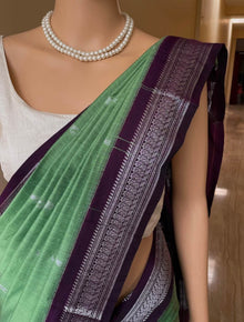 PISTA GREEN COTTON SILK SAREE WITH SILVER BORDER