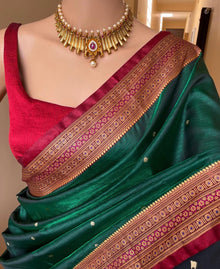 BOTTLE GREEN SATIN SILK SAREE WITH RED BORDER