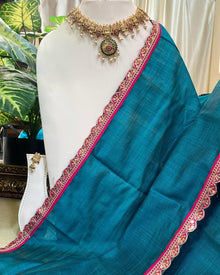 SKY BLUE DUPION COTTON SAREE WITH PINK LACE