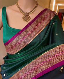 BOTTLE GREEN SATIN SILK SAREE WITH MAGENTA BORDER