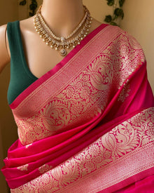 RANI PINK ART SILK SAREE WITH SILVER GOLD ZARI BORDER