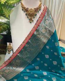 TEAL BLUE SATIN SILK SAREE WITH RED LACE