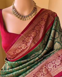 BOTTLE GREEN ART SILK SAREE WITH RED CONTRAST BORDER