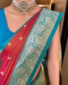 PINK ORANGE ART SILK SAREE WITH TEAL BLUE BORDER