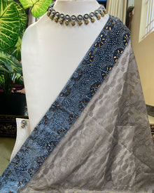 GREY NET SAREE WITH VELVET GREY BORDER