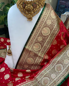 RED BANARASI GREEN BORDER SEMI SILK SAREE