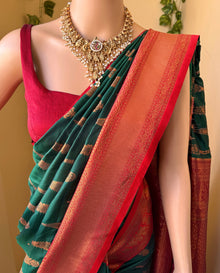 BOTTLE GREEN ART SILK SAREE WITH RED BORDER