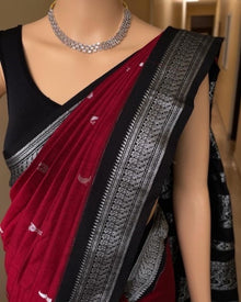 REDDISH MARRON COTTON SILK SAREE WITH SILVER BORDER