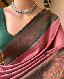 PEACH ART SILK SAREE WITH GREEN BORDER
