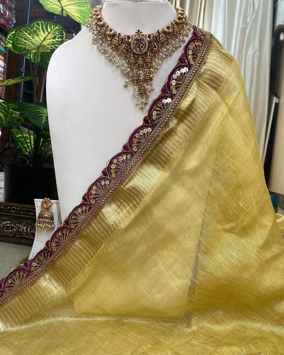GOLDEN LINEN TISSUE SAREE WITH MAGENTA BORDER