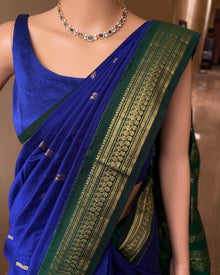 PEPSI BLUE COTTON SILK SAREE WITH GREEN BORDER