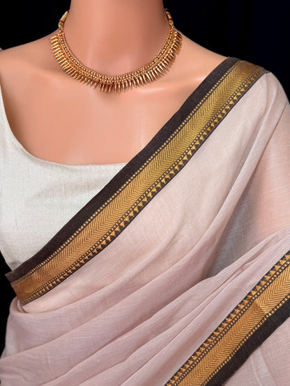IVORY SOFT COTTON SAREE COMES WITH BLACK BORDER AND GOlDEN THREAD WORK