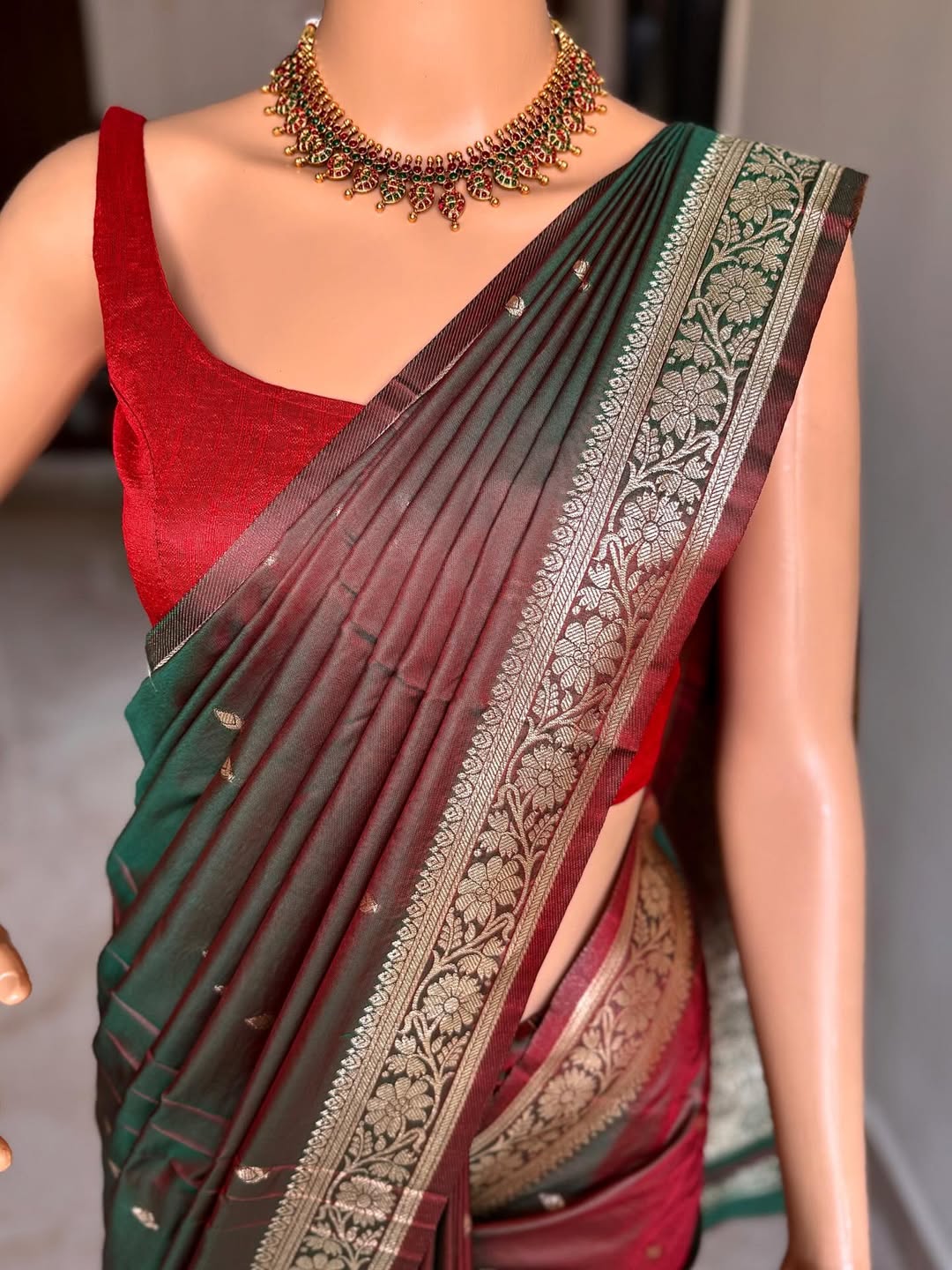 BROWN GREEN DUAL SHADE ART SILK SAREE COMES WITH SMALL BORDER
