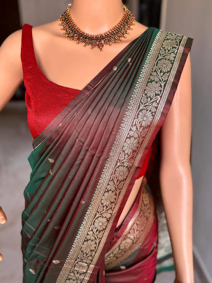 BROWN GREEN DUAL SHADE ART SILK SAREE COMES WITH SMALL BORDER