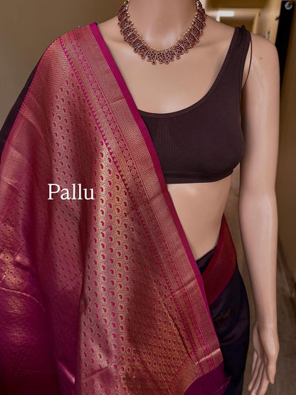 CHOCOLATE BROWN SOFT ART SILK SAREE WITH PINK ZARI BORDER