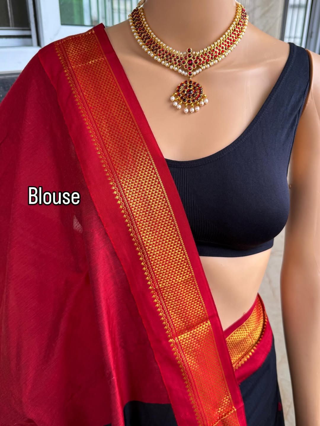 BLACK FULL BUTTA COTTON SILK SAREE COMES WITH RED BORDER