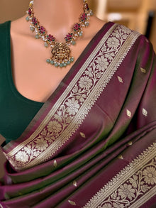 BROWN GREEN SOFT ART SILK SAREE ZARI WEAVE BORDER
